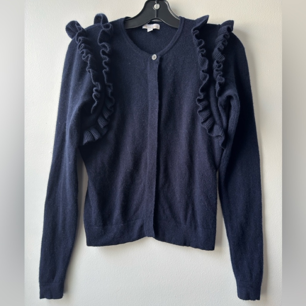 Minnie Rose Cashmere Navy Ruffle Cardigan